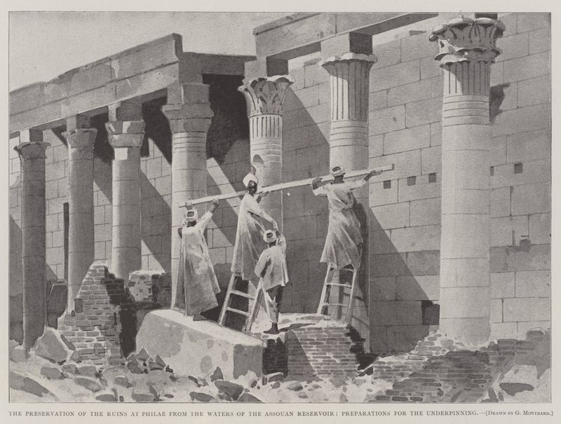 Ochrona ruin w Philae z wód zbiornika Assouan, przygotowania do podbudowania autorstwa Charles Auguste Loye