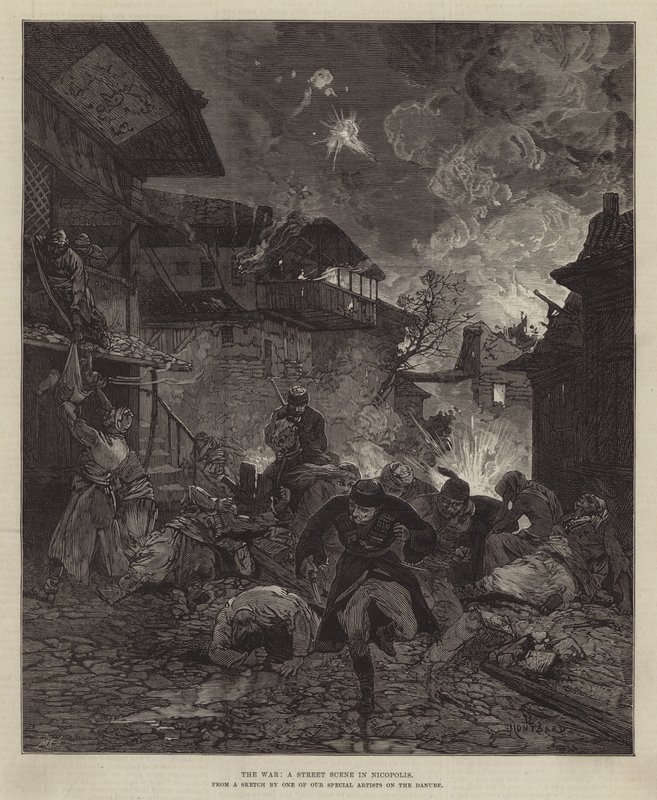 Wojna, scena uliczna w Nikopolis autorstwa Charles Auguste Loye