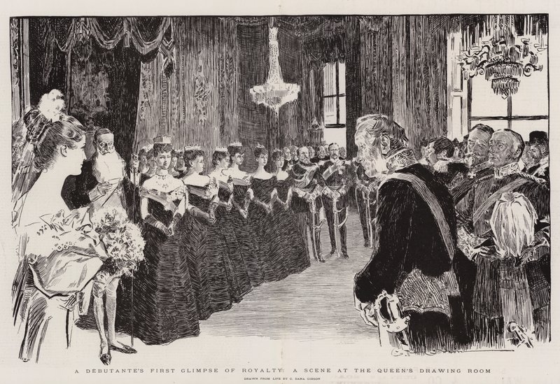 Pierwsze spojrzenie debiutantki na tron królewski, scena w salonie królowej autorstwa Charles Dana Gibson