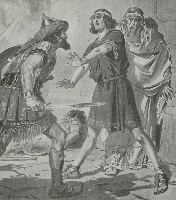 Krezus, król Lidii, zostaje ocalony od śmierci przez głos swojego głuchego i niemego syna. autorstwa Charles Edmund Brock