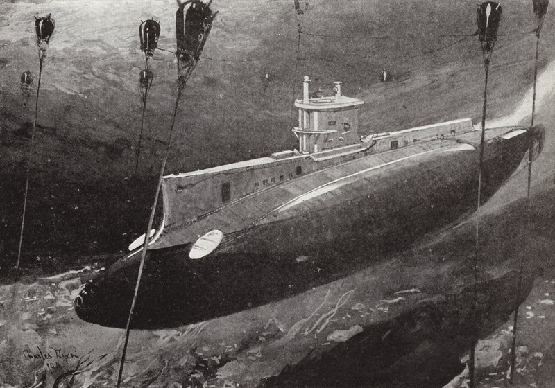 Porucznik - dowódca Edward Boyle w łodzi podwodnej E14 omijającej tureckie miny podczas przechodzenia przez Dardanele, 27 kwietnia 1915 autorstwa Charles Edward Dixon