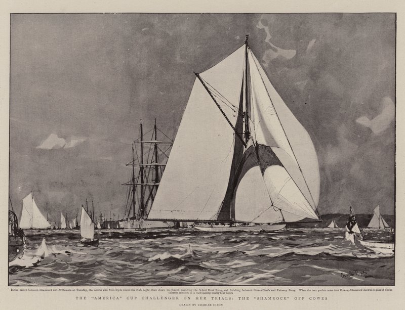 Pretendentka America Cup na swoich próbach, Shamrock z Cowes autorstwa Charles Edward Dixon