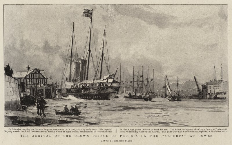 Przybycie księcia pruskiego do Alberty w Cowes autorstwa Charles Edward Dixon