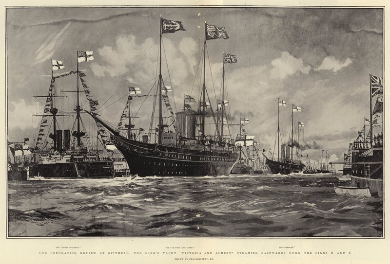 Przegląd koronacyjny w Spithead, królewski jacht Victoria i Albert płynący na wschód liniami D i E autorstwa Charles Edward Dixon