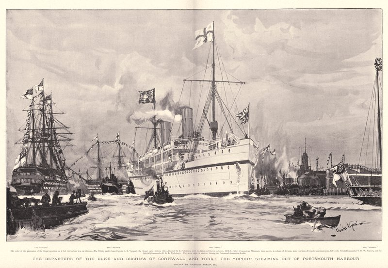 Wyjazd księcia i księżnej Kornwalii i Yorku, Ophir wypływający z Portsmouth Harbor autorstwa Charles Edward Dixon