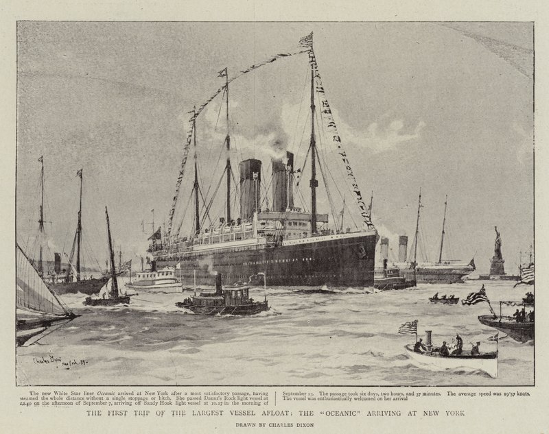 Pierwsza podróż największego statku na świecie, Oceanic, przybywającego do Nowego Jorku autorstwa Charles Edward Dixon
