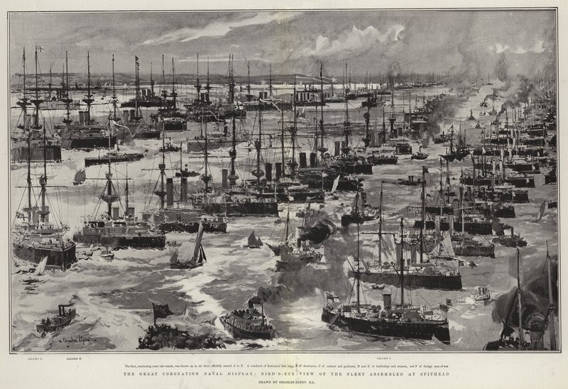 Wielki pokaz koronacyjny marynarki wojennej, widok z lotu ptaka floty zgromadzonej w Spithead autorstwa Charles Edward Dixon