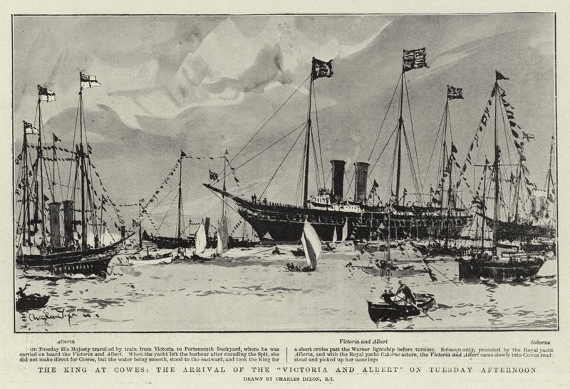 Król w Cowes, przybycie "Victorii i Alberta" we wtorek po południu autorstwa Charles Edward Dixon