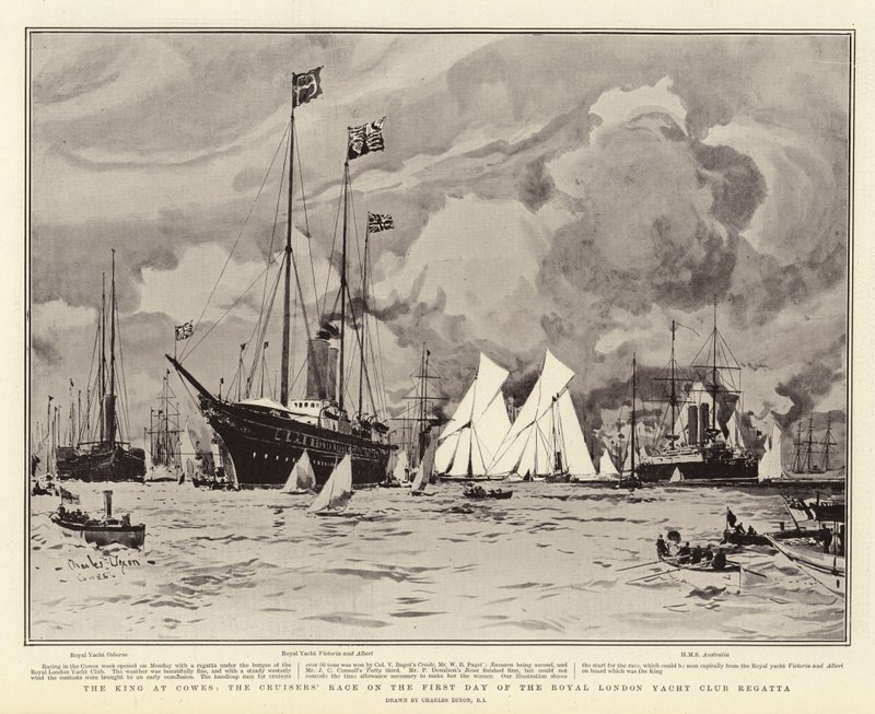 Król w Cowes, wyścig krążowników pierwszego dnia regat Royal London Yacht Club autorstwa Charles Edward Dixon