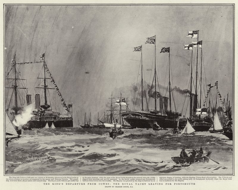 Odjazd Króla z Cowes, jacht królewski płynący do Portsmouth autorstwa Charles Edward Dixon