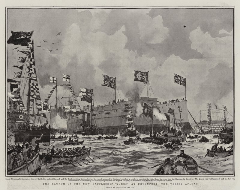 Premiera nowego pancernika Queen w Devonport, statek na wodzie autorstwa Charles Edward Dixon