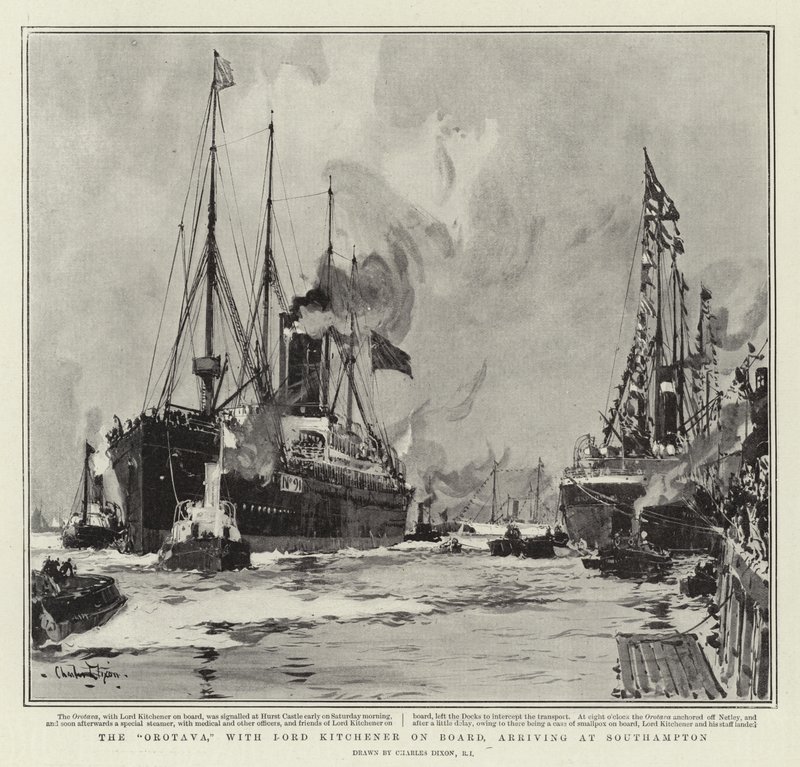 Orotava, z Lordem Kitchenerem na pokładzie, przybywa do Southampton autorstwa Charles Edward Dixon