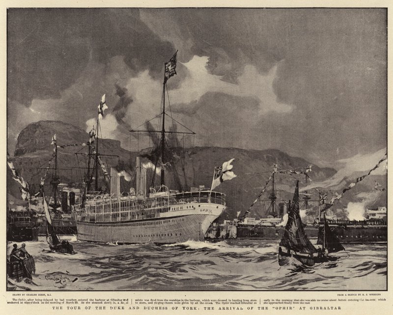 Trasa księcia i księżnej Yorku, przybycie Ophiru do Gibraltaru autorstwa Charles Edward Dixon