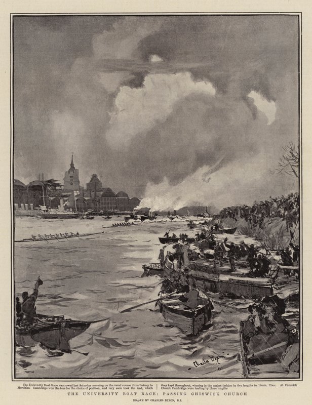 Uniwersytecki wyścig łodzi, mijając kościół Chiswick autorstwa Charles Edward Dixon
