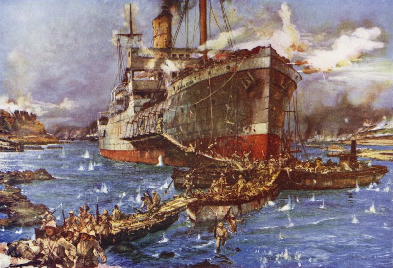 Lądowanie wojsk znad rzeki Clyde na plaży V na półwyspie Gallipoli, Turcja, 25 kwietnia 1915 r autorstwa Charles Edward Dixon