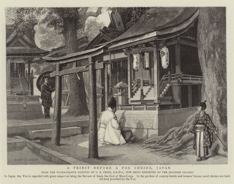 Kapłan przed lisią świątynią, Japonia autorstwa Charles Edwin Fripp