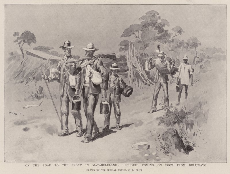 W drodze na front w Matabeleland, uchodźcy przybywający pieszo z Bulawayo autorstwa Charles Edwin Fripp