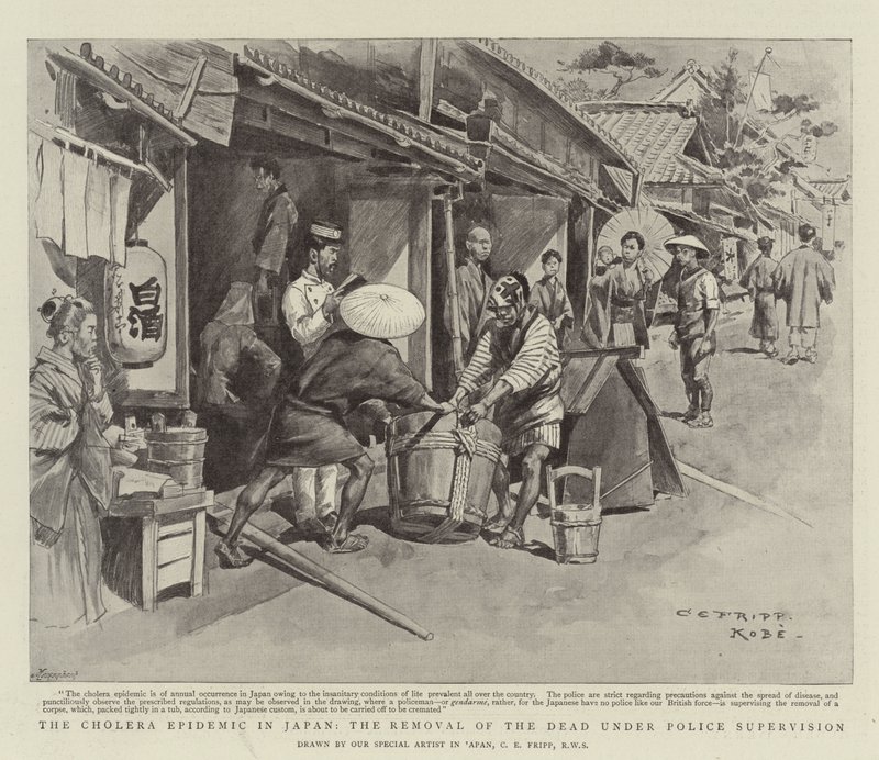 Epidemia cholery w Japonii, usuwanie zmarłych pod nadzorem policji autorstwa Charles Edwin Fripp