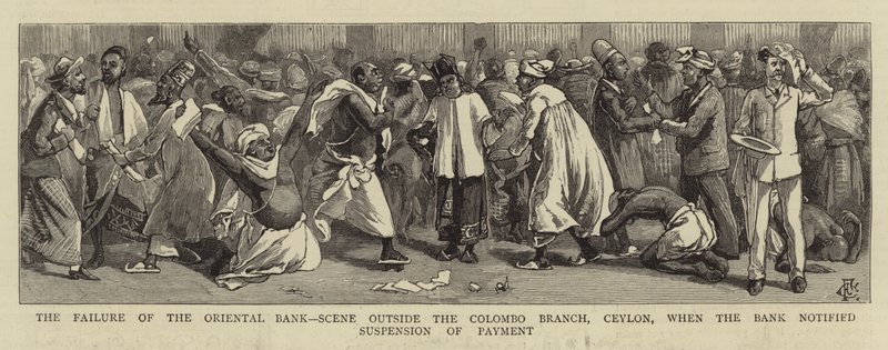 Awaria Banku Orientalnego, Scena poza Oddziałem w Kolombo, Cejlon, kiedy Bank powiadomił o zawieszeniu płatności autorstwa Charles Edwin Fripp