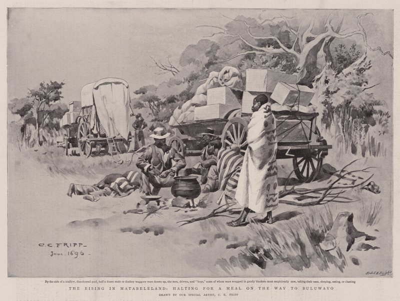 Powstanie w Matabelelandzie, postój na posiłek w drodze do Buluwayo autorstwa Charles Edwin Fripp