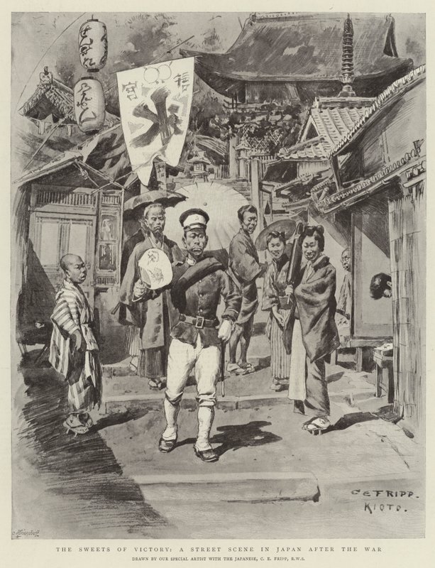 Słodycze zwycięstwa, scena uliczna w Japonii po wojnie autorstwa Charles Edwin Fripp