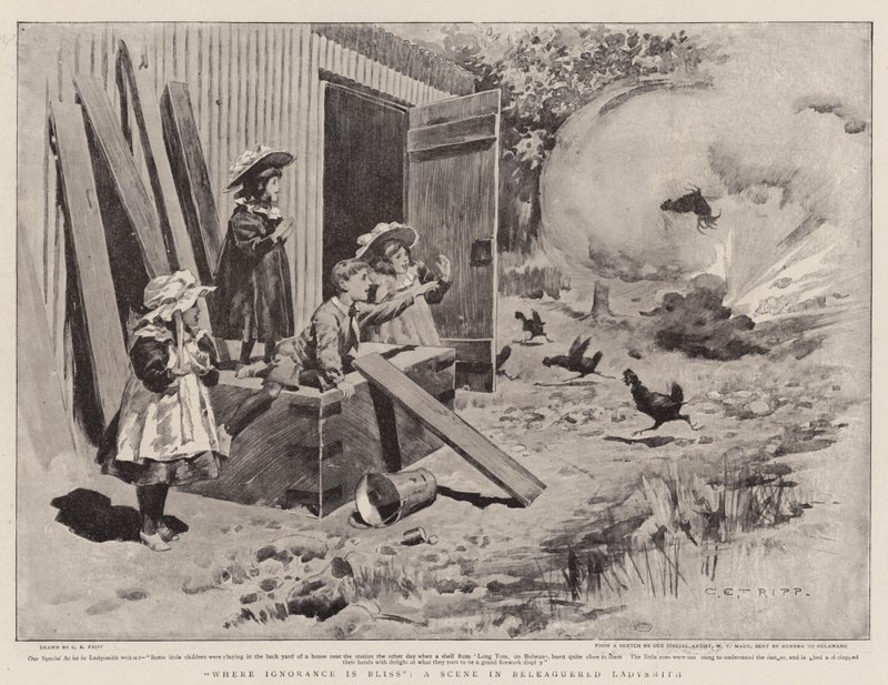 Gdzie ignorancja jest błogością, scena w Oblężonej Ladysmith autorstwa Charles Edwin Fripp