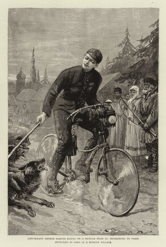 Porucznik George Martos jadący na rowerze z Petersburga do Paryża zaatakowany przez psy w rosyjskiej wiosce autorstwa Charles J. Staniland
