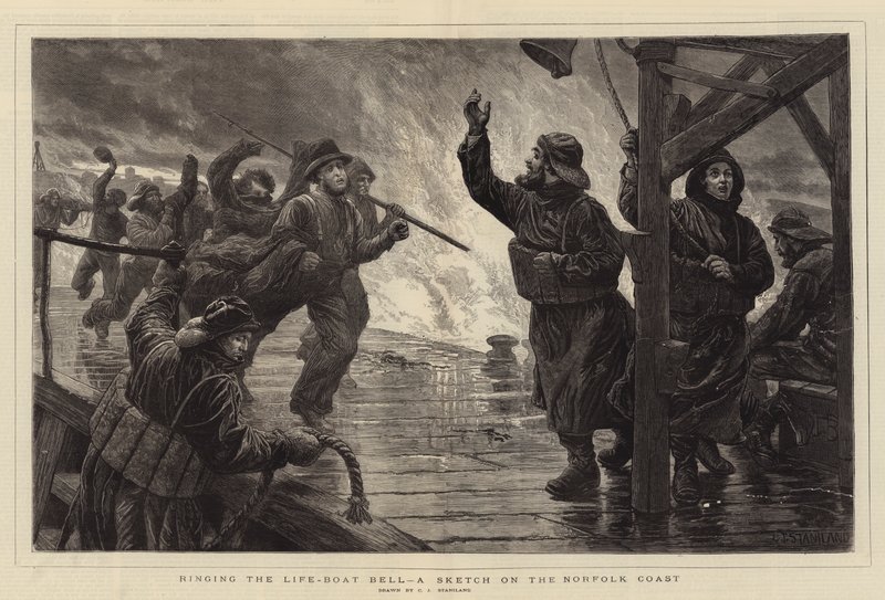 Dzwonienie dzwonem łodzi ratunkowej, szkic na wybrzeżu Norfolk autorstwa Charles J. Staniland