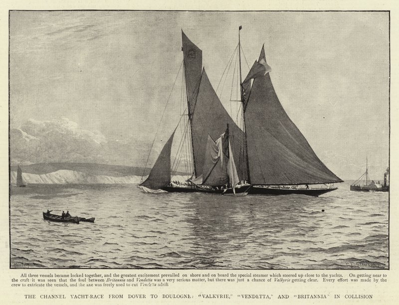 Wyścig jachtów Channel z Dover do Boulogne, Valkyrie, Vendetta i Britannia w zderzeniu autorstwa Charles J. Staniland