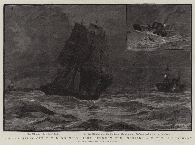 Zderzenie ze światła Dungeness między Nereid i Killochan autorstwa Charles J. Staniland