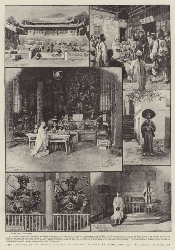 Obrażenia na misjonarzy w Chinach, sceny w dystryktach Foochow i Kucheng autorstwa Charles J. Staniland