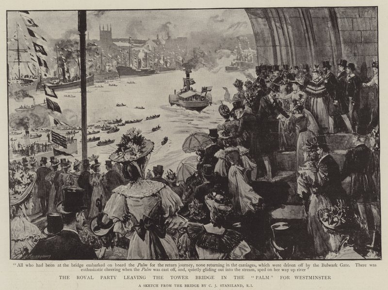 Impreza królewska opuszcza Tower Bridge w Palm dla Westminster autorstwa Charles J. Staniland