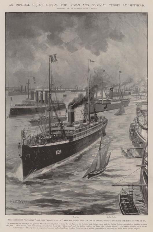 Imperialna lekcja poglądowa, oddziały indyjskie i kolonialne w Spithead autorstwa Charles John de Lacy