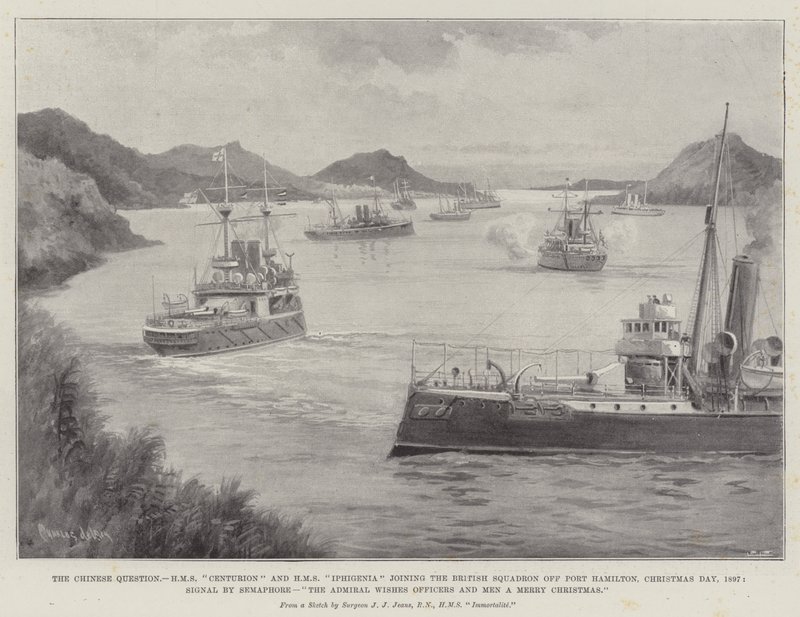 The Chinese Question, HMS Centurion i HMS Iphigenia dołączenia brytyjskiej eskadry off Port Hamilton, Boże Narodzenie, 1897, Sygnał przez semafor, Admirał życzy oficerów i ludzi Wesołych Świąt autorstwa Charles John de Lacy