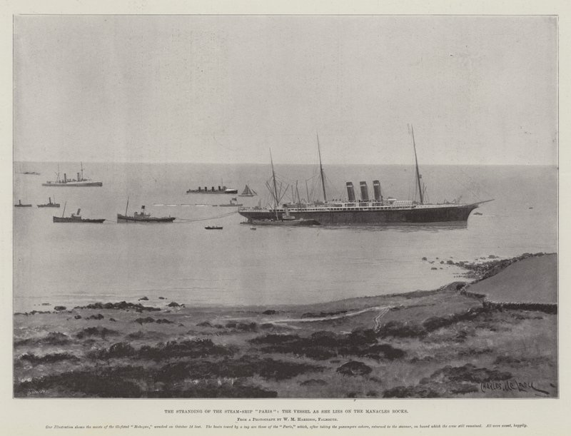 Stranding parowca Paris, statek leżący na skałach Manacles autorstwa Charles John de Lacy