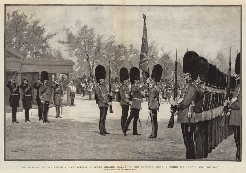 Na paradzie w Wellington Barracks, Szkocka Gwardia salutuje przed rozpoczęciem warty. autorstwa Charles Morel
