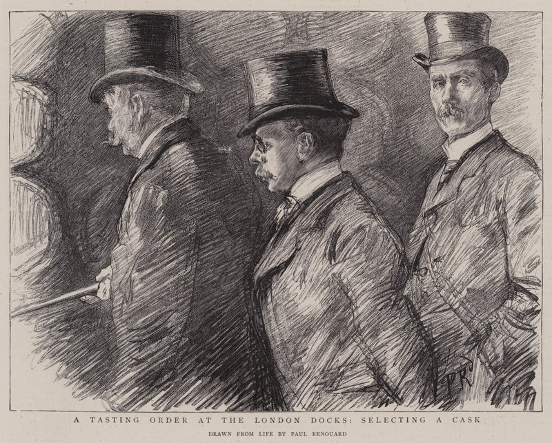 Zamówienie degustacyjne w londyńskich dokach, wybierając beczkę autorstwa Charles Paul Renouard
