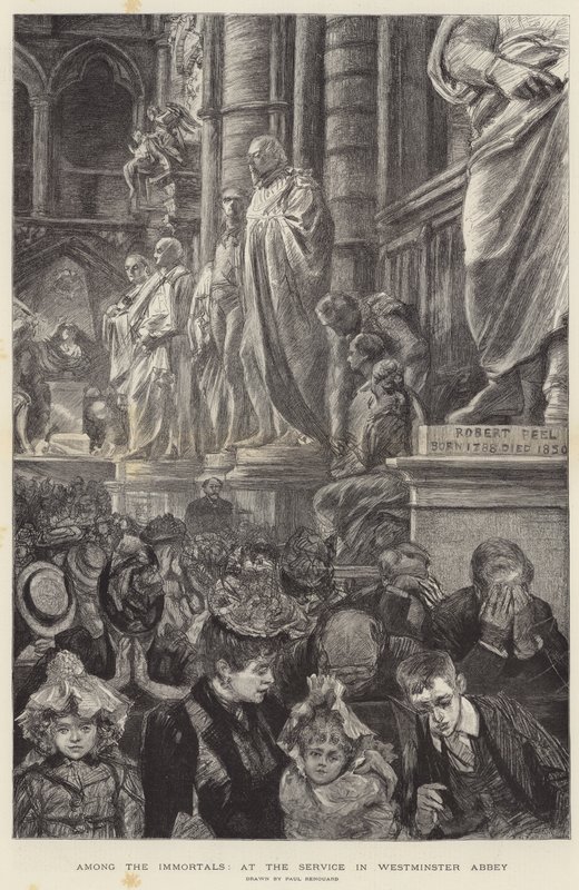 Wśród Nieśmiertelnych, na nabożeństwie w grawerunku Westminster Abbey autorstwa Charles Paul Renouard