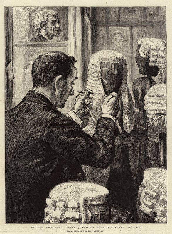 Robienie peruki Lorda Głównego Sędziego, wykańczanie szlifów autorstwa Charles Paul Renouard