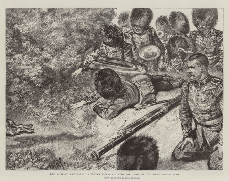Manewry wojskowe, nagłe przerwanie muzyki zespołu Scots Guards Band autorstwa Charles Paul Renouard