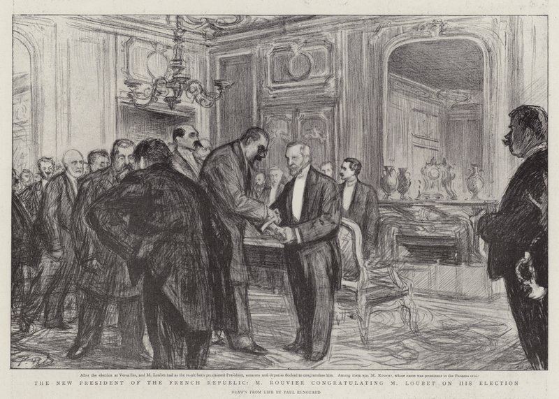 Nowy prezydent Republiki Francuskiej, M. Rouvier, gratuluje M. Loubetowi z okazji jego wyboru autorstwa Charles Paul Renouard