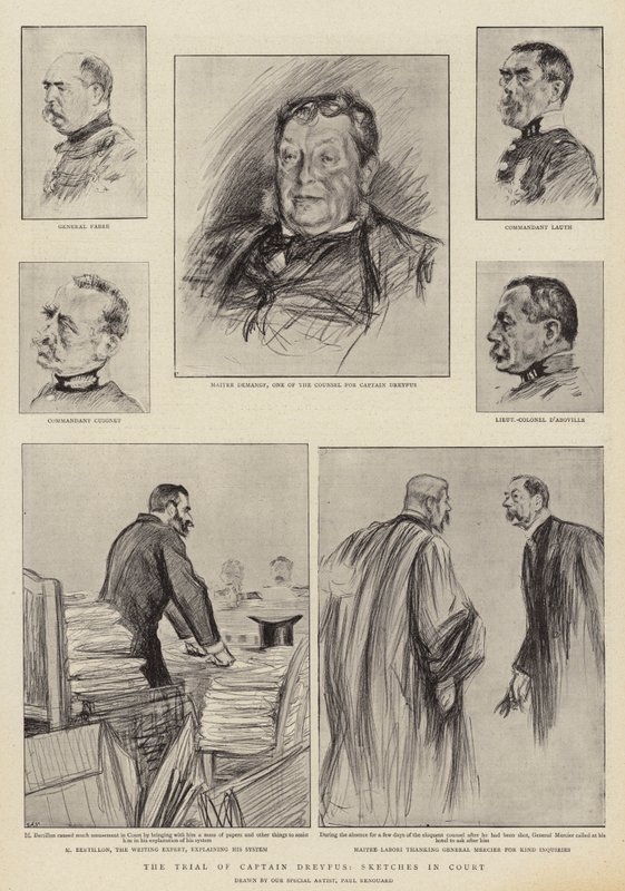 Proces kapitana Dreyfusa w Rennes, szkice na dworze autorstwa Charles Paul Renouard