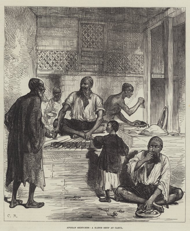 Afghan Sketches, sklep z kababami w Cabul autorstwa Sir John Charles Robinson