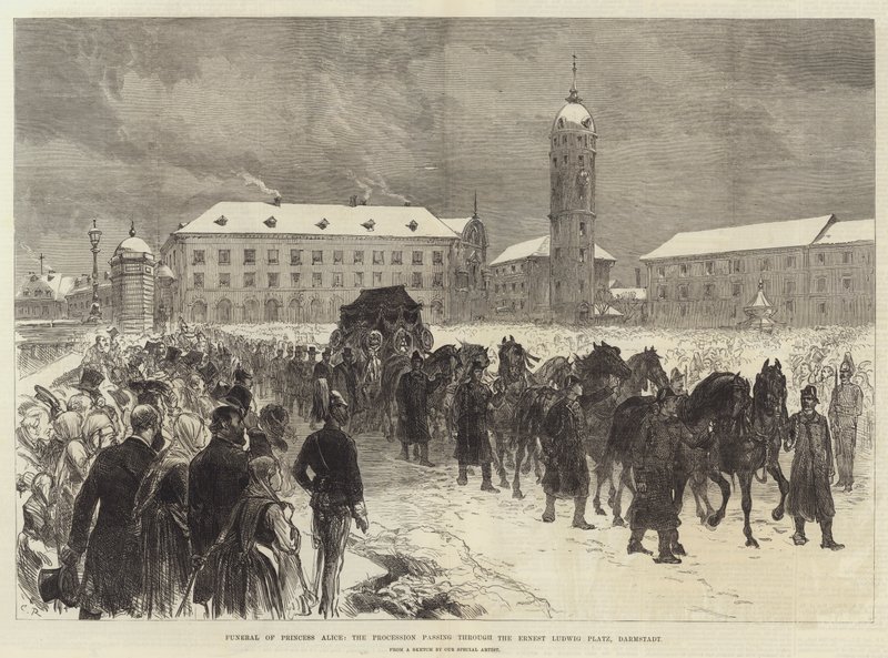 Pogrzeb księżnej Alicji, procesja przechodząca przez Ernest Ludwig Platz, Darmstadt autorstwa Sir John Charles Robinson