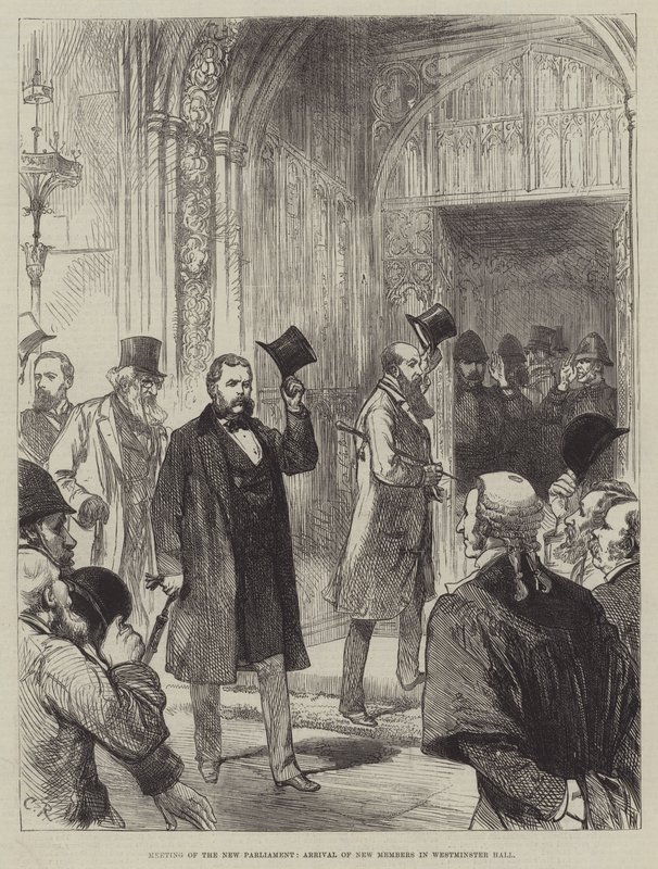 Spotkanie nowego parlamentu, przyjazd nowych członków w Westminster Hall autorstwa Sir John Charles Robinson