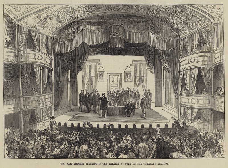 Pan John Mitchel przemawiający w teatrze w Cork podczas wyborów Tipperary autorstwa Sir John Charles Robinson