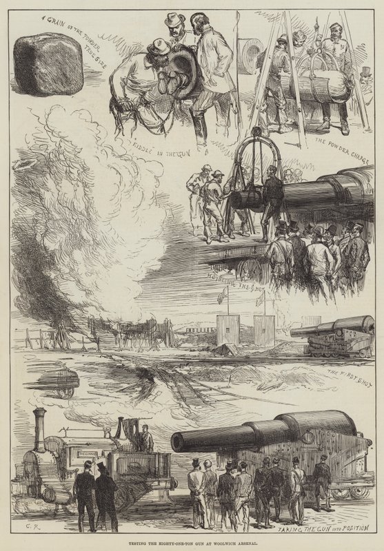 Testowanie osiemdziesięciotonowego pistoletu w Woolwich Arsenal autorstwa Sir John Charles Robinson
