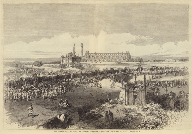Durbar gubernatora generalnego w Lucknow, procesja słoni przechodząca przez Wielką Imambara autorstwa Sir John Charles Robinson