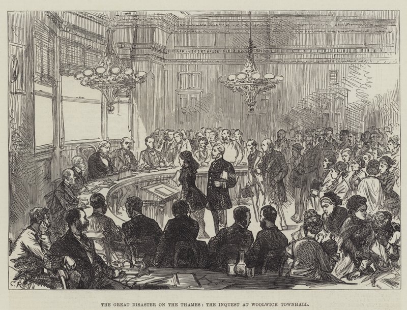 Wielka katastrofa nad Tamizą, śledztwo w Woolwich Townhall autorstwa Sir John Charles Robinson