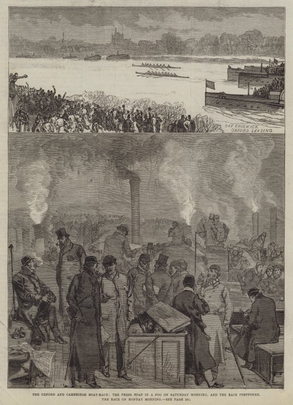 Oxford i Cambridge Boat-Race, łódź prasowa we mgle w sobotni poranek, wyścig przełożony, wyścig w poniedziałek rano autorstwa Sir John Charles Robinson